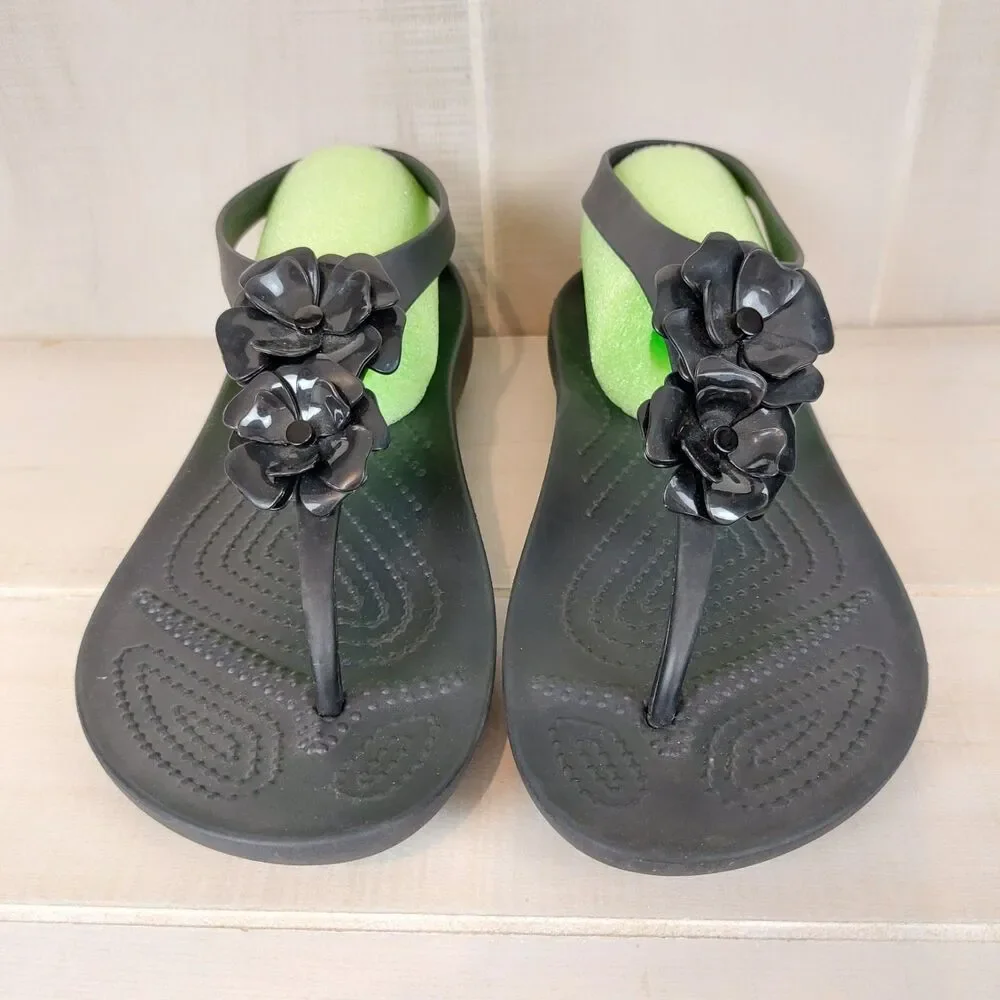 Crocs Serena Floral Embellish Sexi Flip Sandal Black Women 8 Flower T-Strap